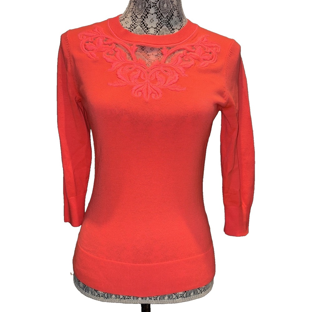 TED BAKER FABINA NEON‎ CORAL KNIT SWEATER 3/4 SLEEVE  FLORAL EMBROIDERED